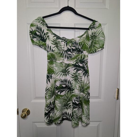 Tropical Palm Print Mini Dress Size S | Off Shoulder Smocked Puff Sleeve Japna - Picture 2 of 10